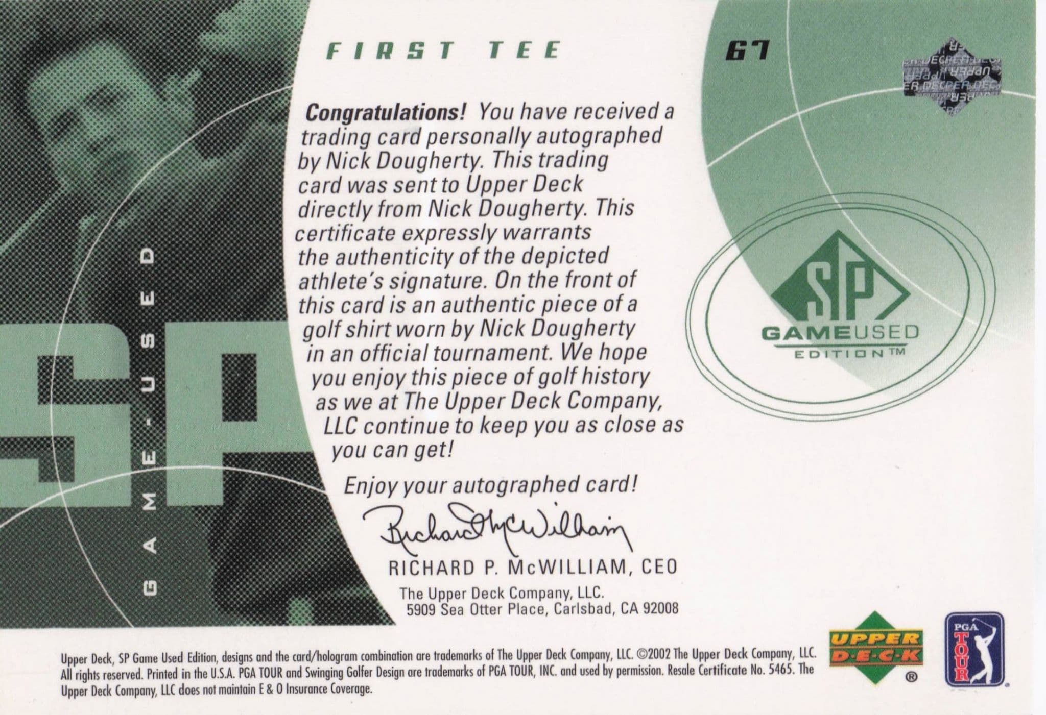 Nick Dougherty First Tee 2002 Golf Upper Deck Hand Signed Worn Shirt Card