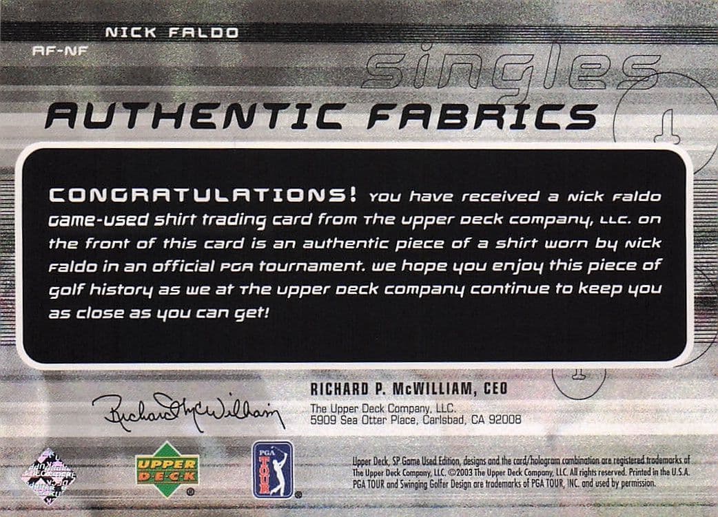 Nick Faldo Authentic Fabrics Singles 2003 Golf Upper Deck Worn Shirt Card