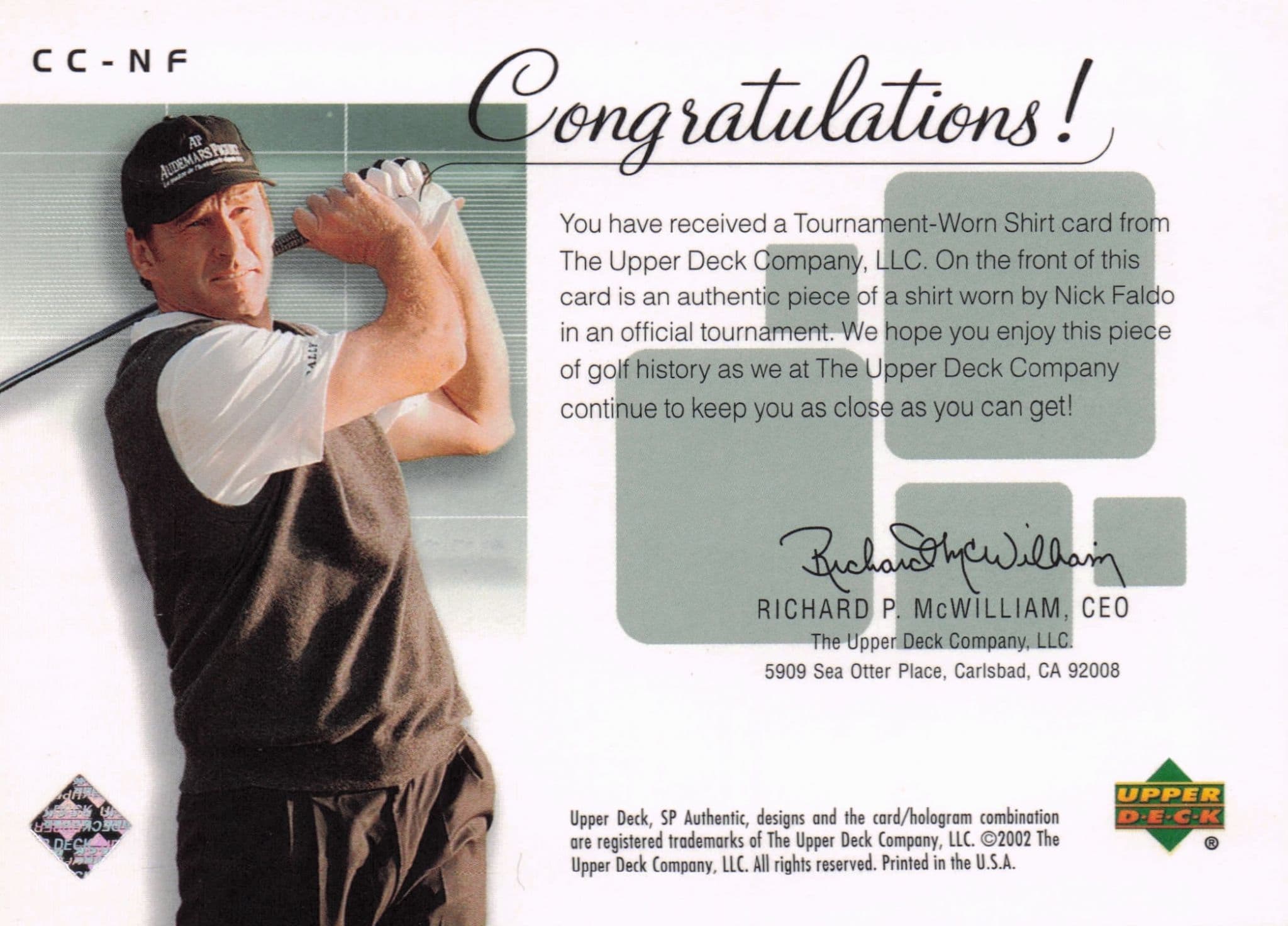 Nick Faldo Course Classics 2002 Authentic Worn PGA Tour Golf Shirt Card