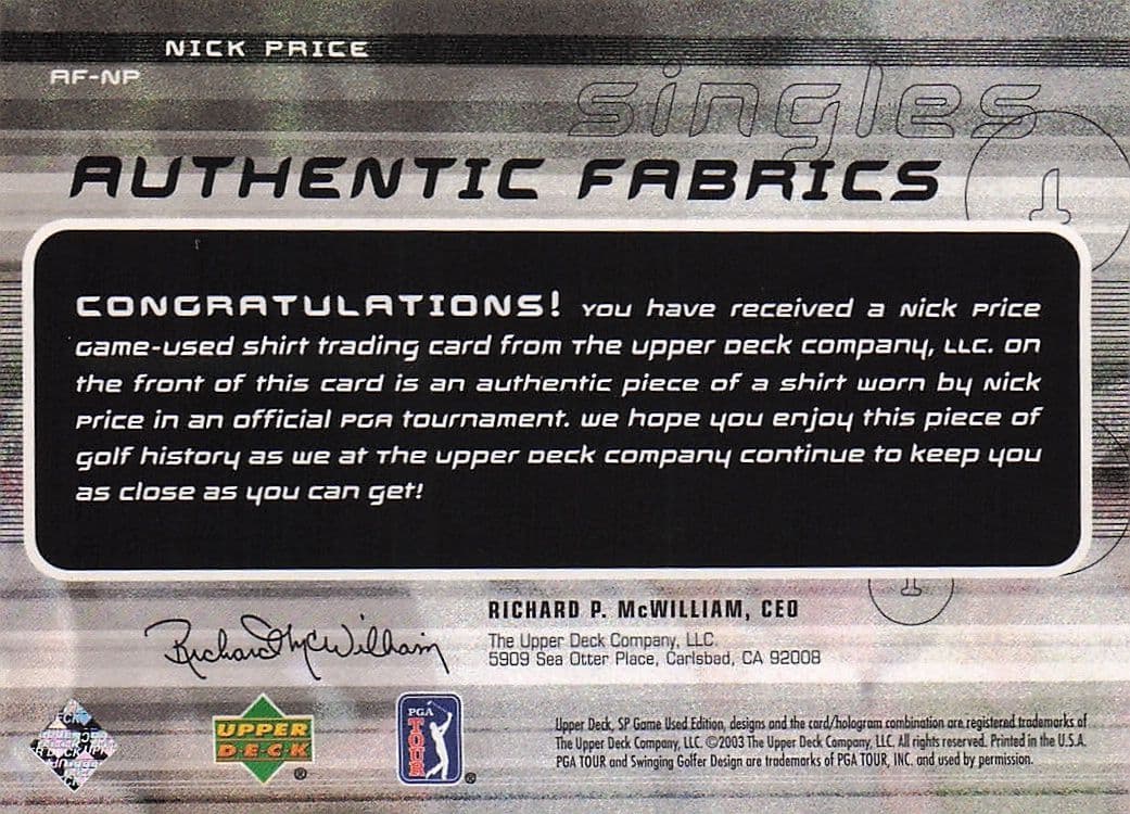 Nick Price Authentic Fabrics Singles Golf Upper Deck Worn Shirt Card
