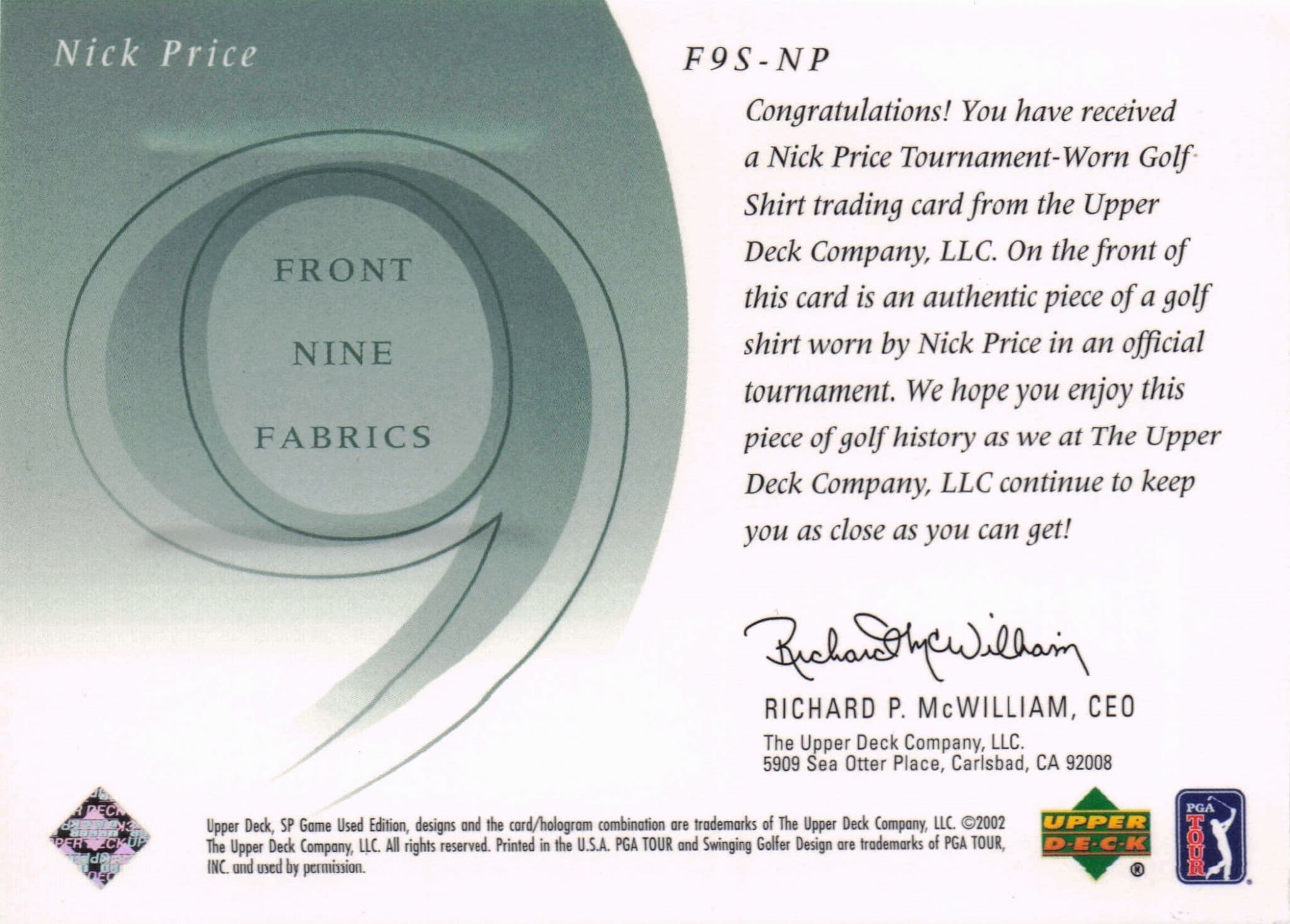 Nick Price Front 9 Fabric 2002 Upper Deck Authentic Shirt Card