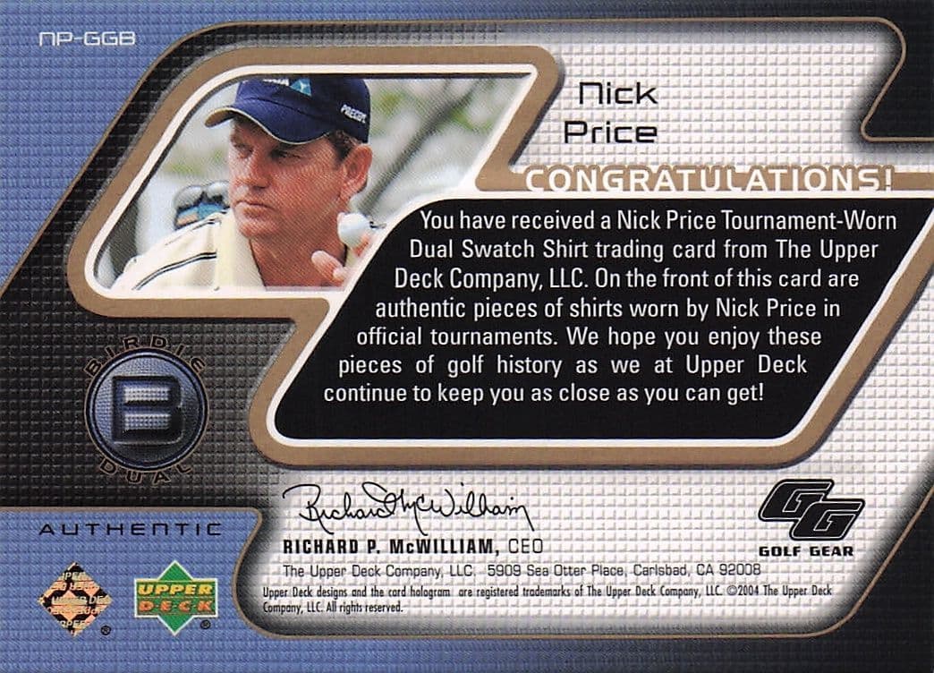 Nick Price Golf Gear 2004 Authentic Dual Real Shirt Swatch Upper Deck Card