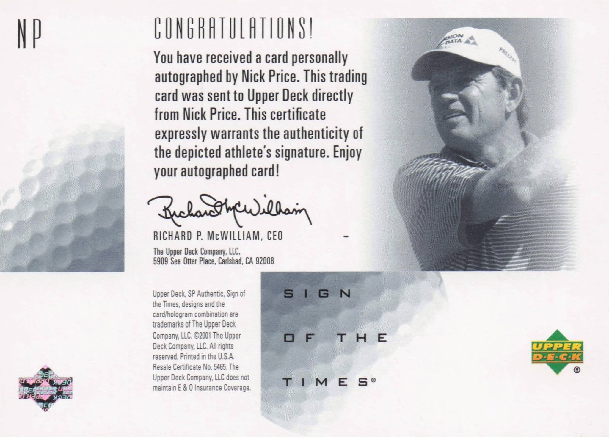 Nick Price Sign Of The Times Hand Signed 2001 SP Golf Autograph Card