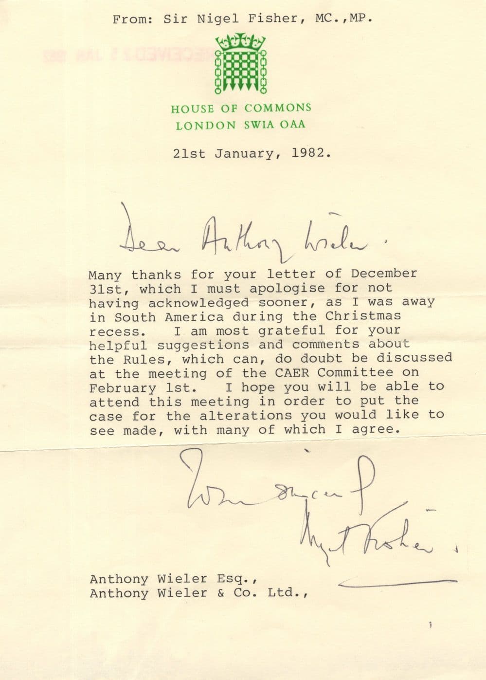 Nigel Fisher WW2 Military Cross Conservative MP LGBT Campaigner Hand Signed Letter