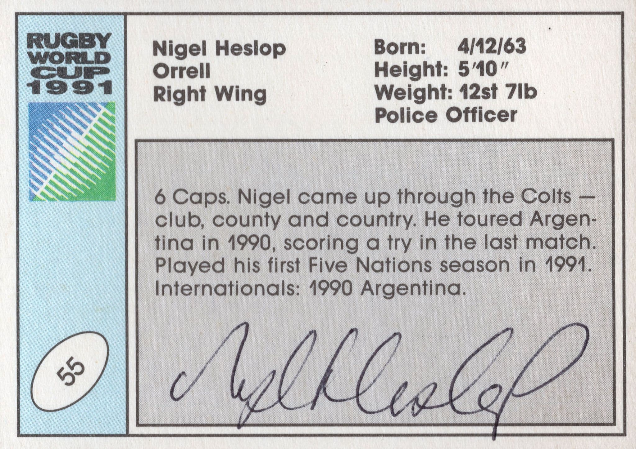 Nigel Heslop England Hand Signed Rugby 1991 World Cup Card Photo