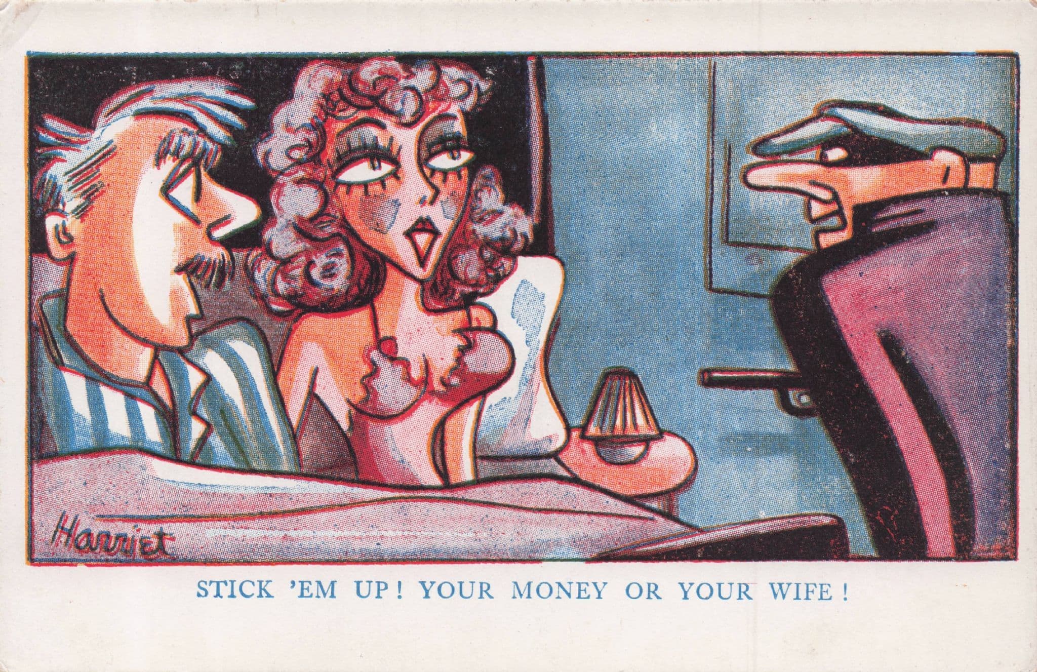 Night Robbery Burglar With Gun Stick Em Up Sexy Lady Old Comic Postcard