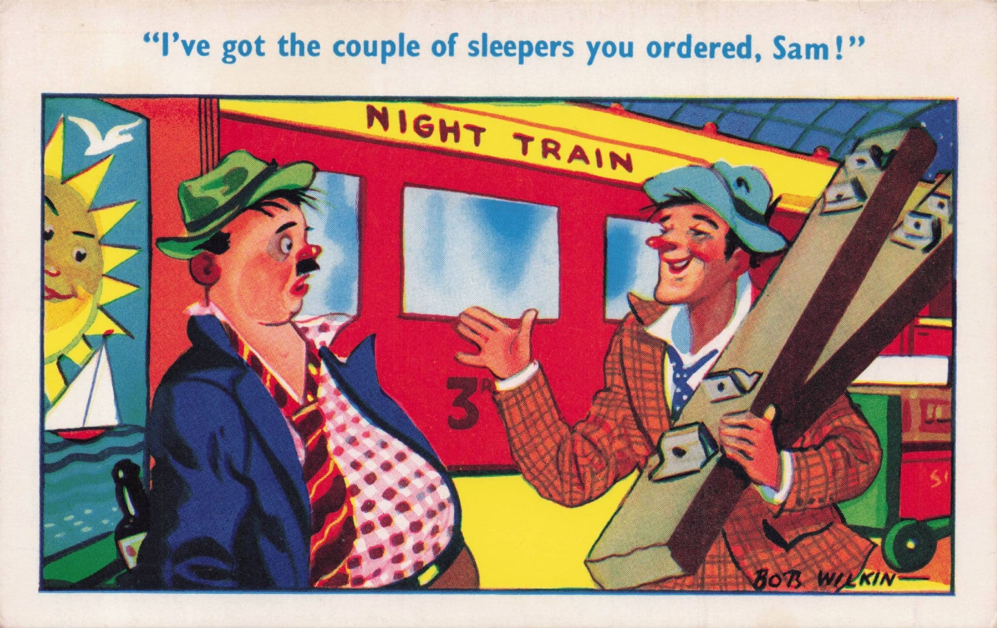 Night Train Carriage Sleeper Passengers Railway Old Comic Postcard