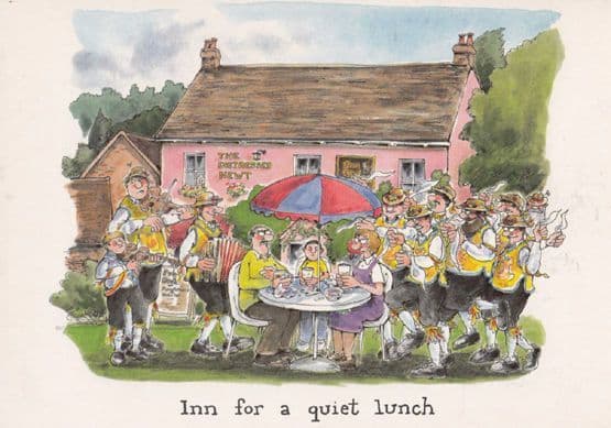 Noisy Band Violin Fiddle Singer at Sunday Pub Lunch Comic Humour Postcard
