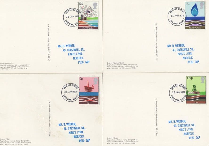 Norfolk Electricity Gas Oil 4x First Day Cover Postcard Set