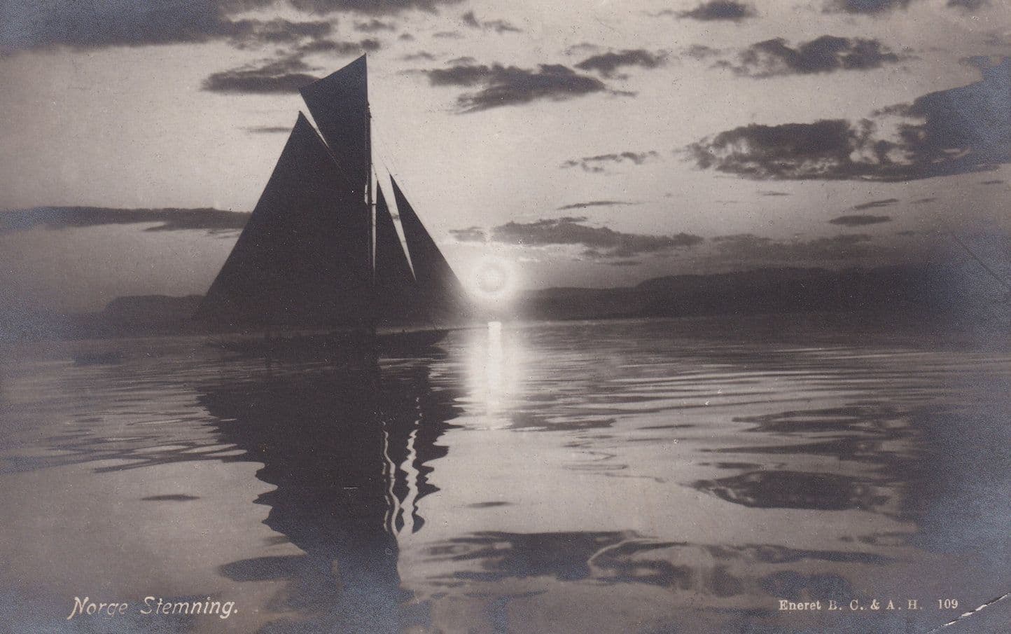 Norge Stemning Norway Boat Sailing In Sunset Antique Postcard