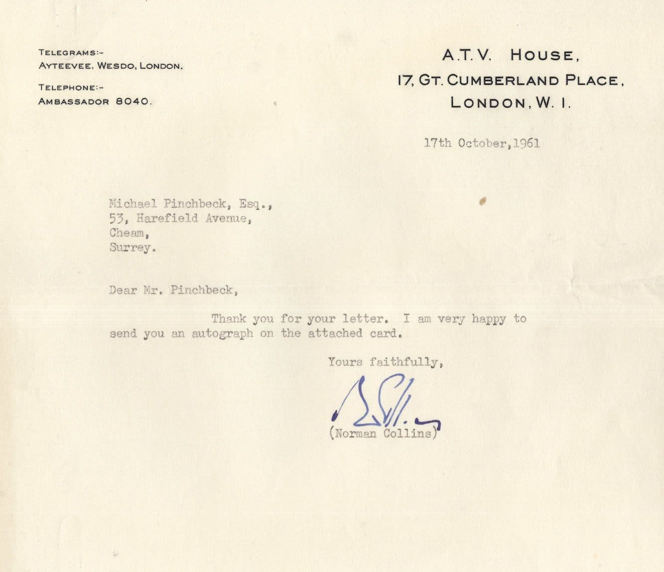 Norman Collins Dick Barton Special Agent ATV Founder Hand Signed Letter