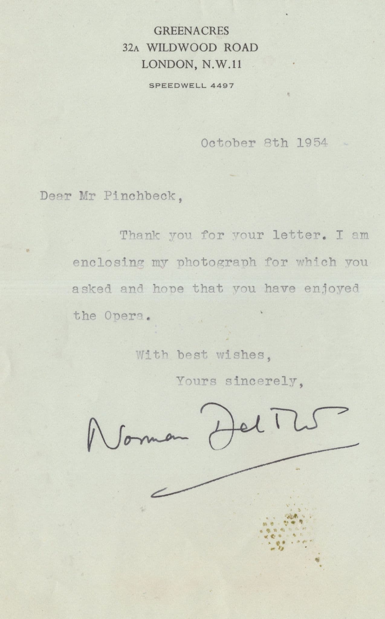 Norman Del Mar British Conductor Strauss Hand Signed 1954 Letter