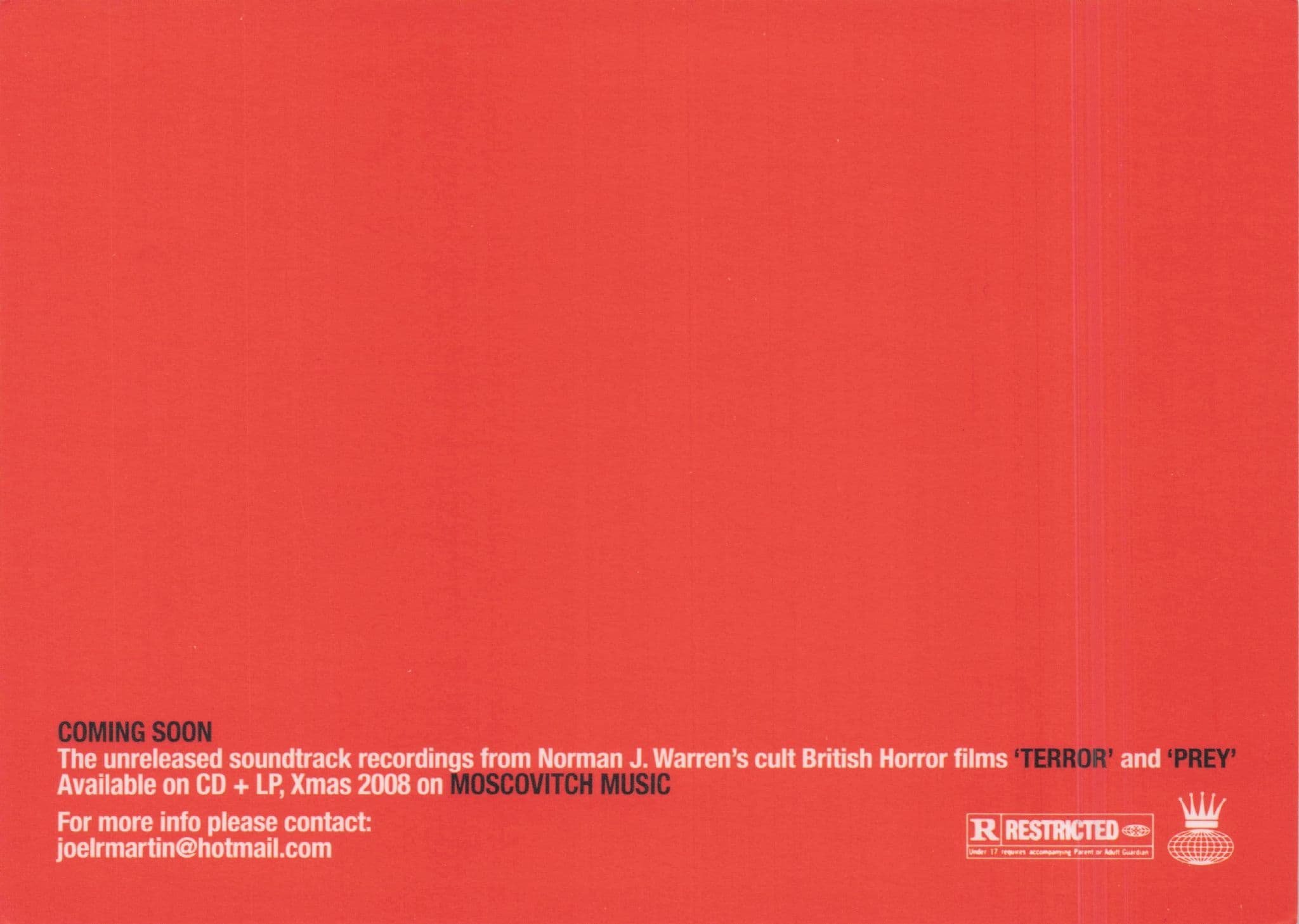 Norman J Warren Prey Terror Film Soundtrack CD Advertising Postcard