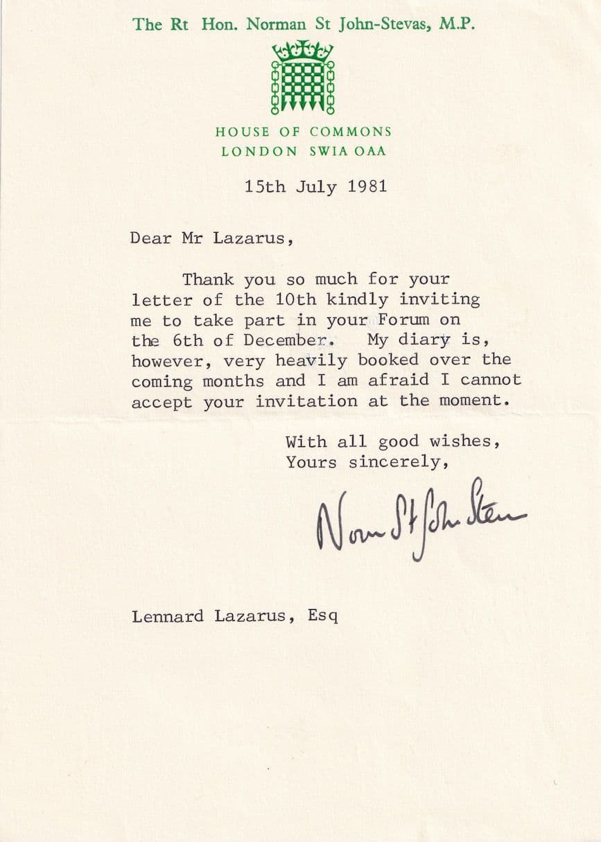 Norman St John Stevas 10 Downing Street Hand Signed Letter