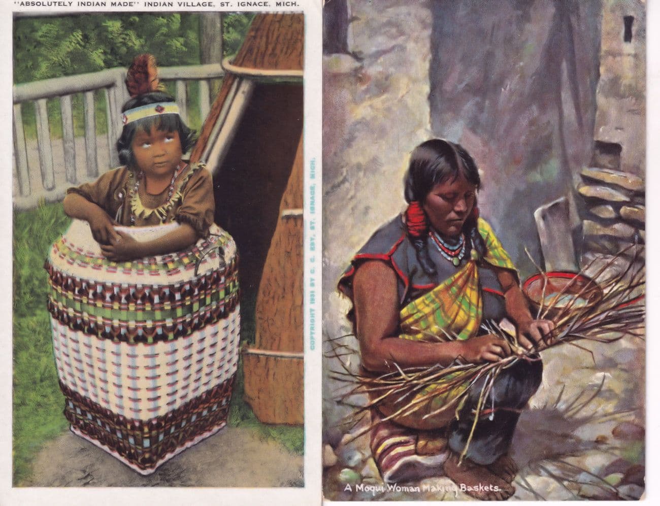 North American Indian Moqui Woman Making Baskets 2x Postcard