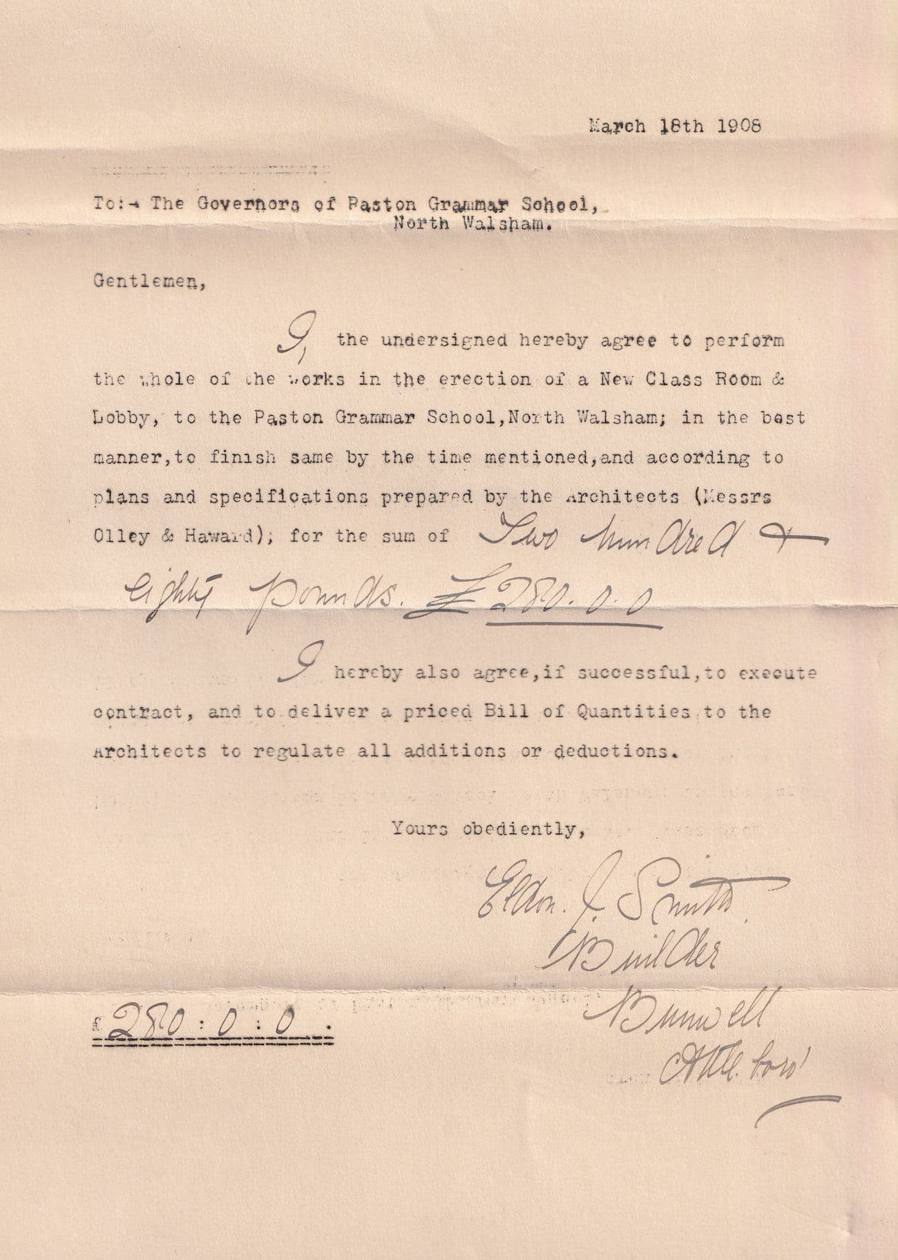 North Walsham School Builder 1908 Norfolk Antique Receipt Ephemera