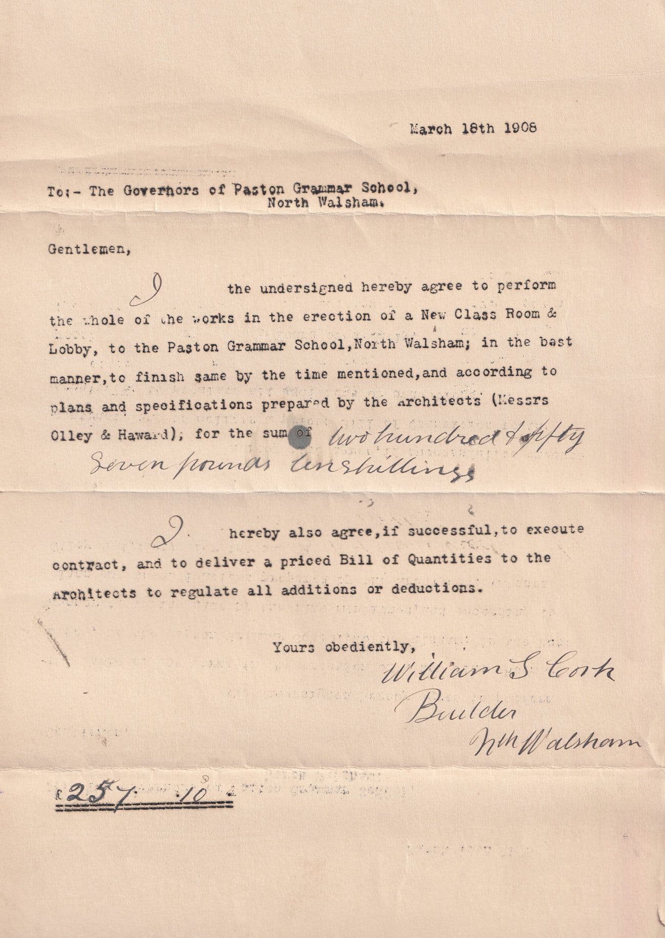 North Walsham School Builder 1908 Norfolk Old Receipt Ephemera