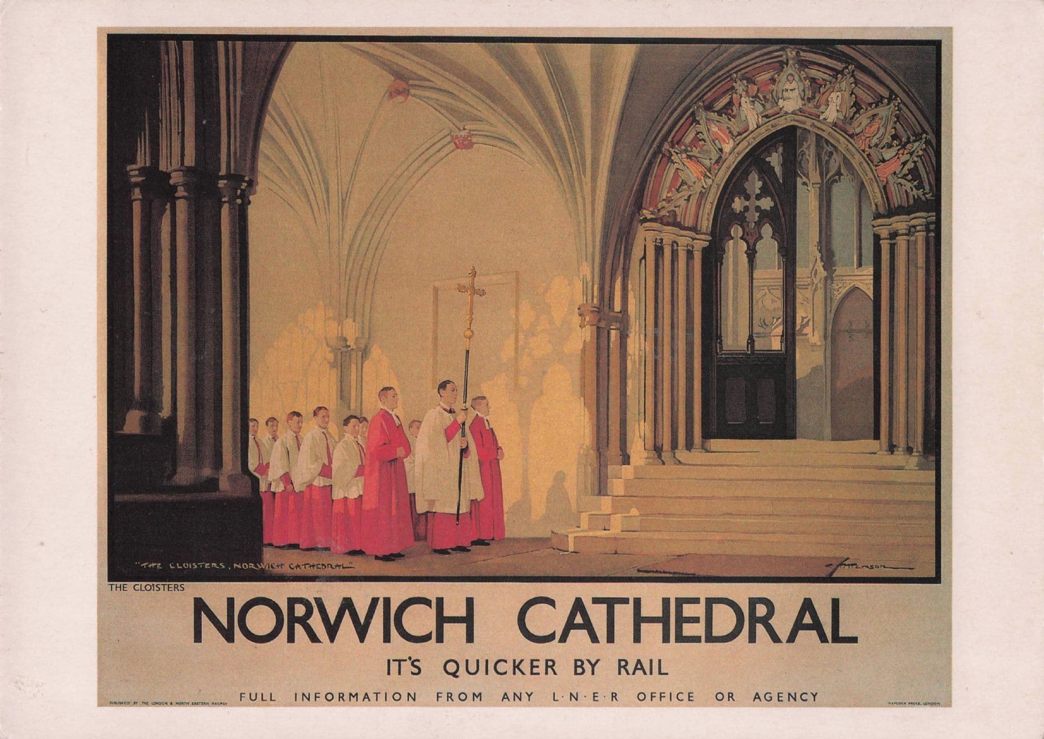 Norwich Cathedral It's Quicker By Train Advertising Poster Postcard