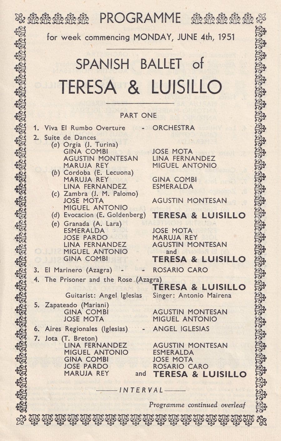 Nottingham Spanish Ballet Teresa & Luisillo 1950s Theatre Programme