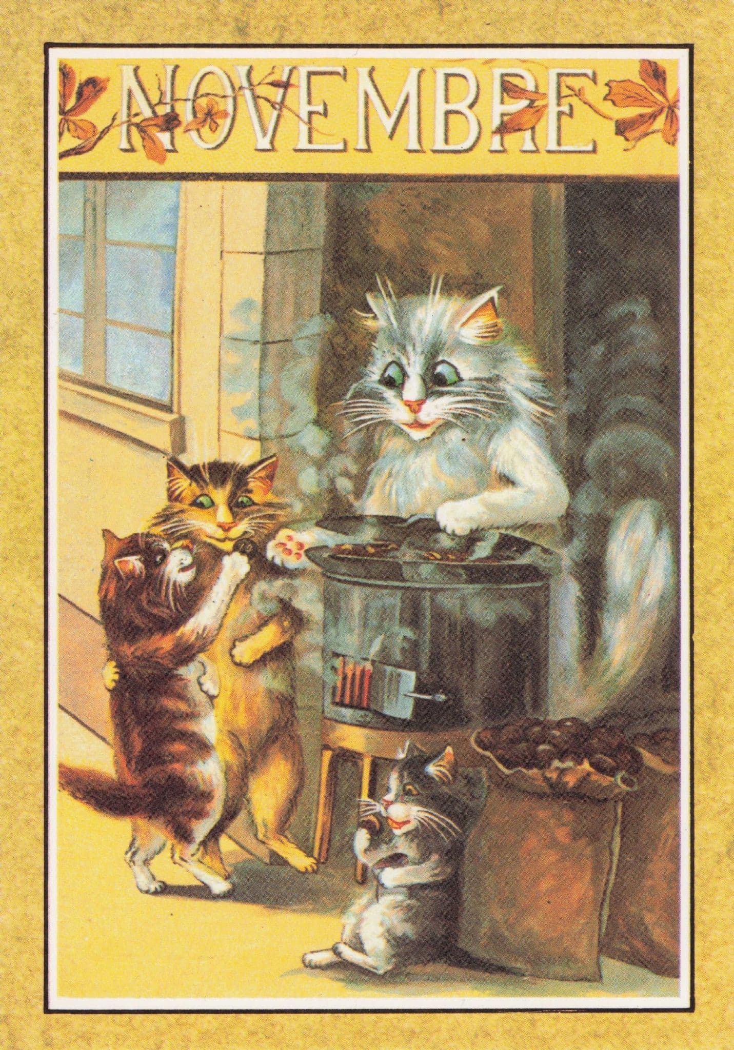 Novembre Cats Cooking Chestnuts Calendar French Cat Postcard