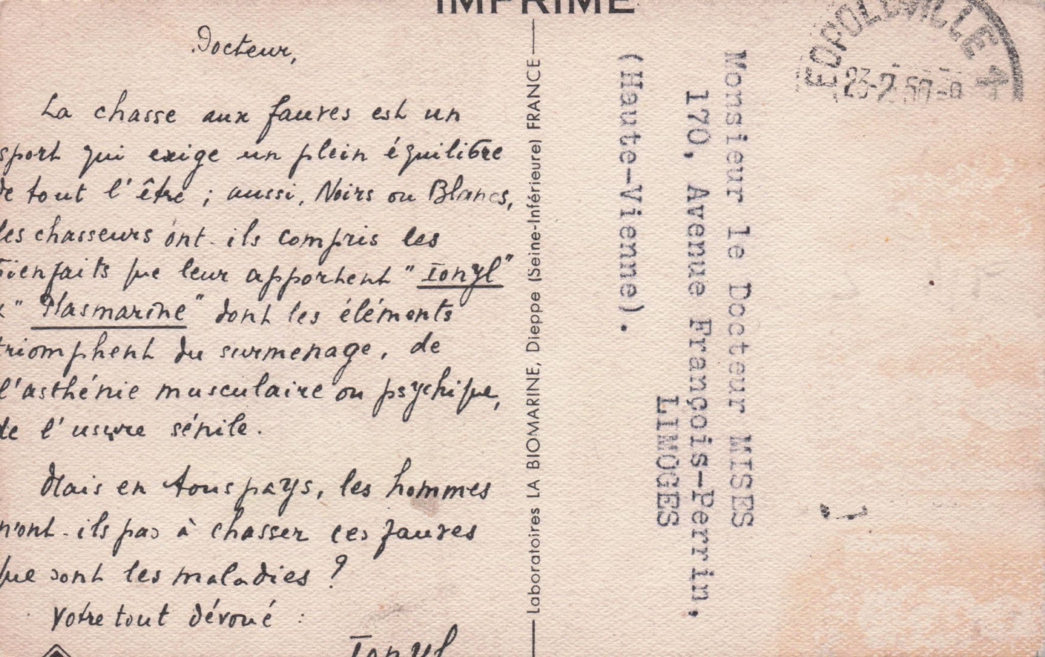 Old African Hunting Postcard Sent To French Doctor & Special Message