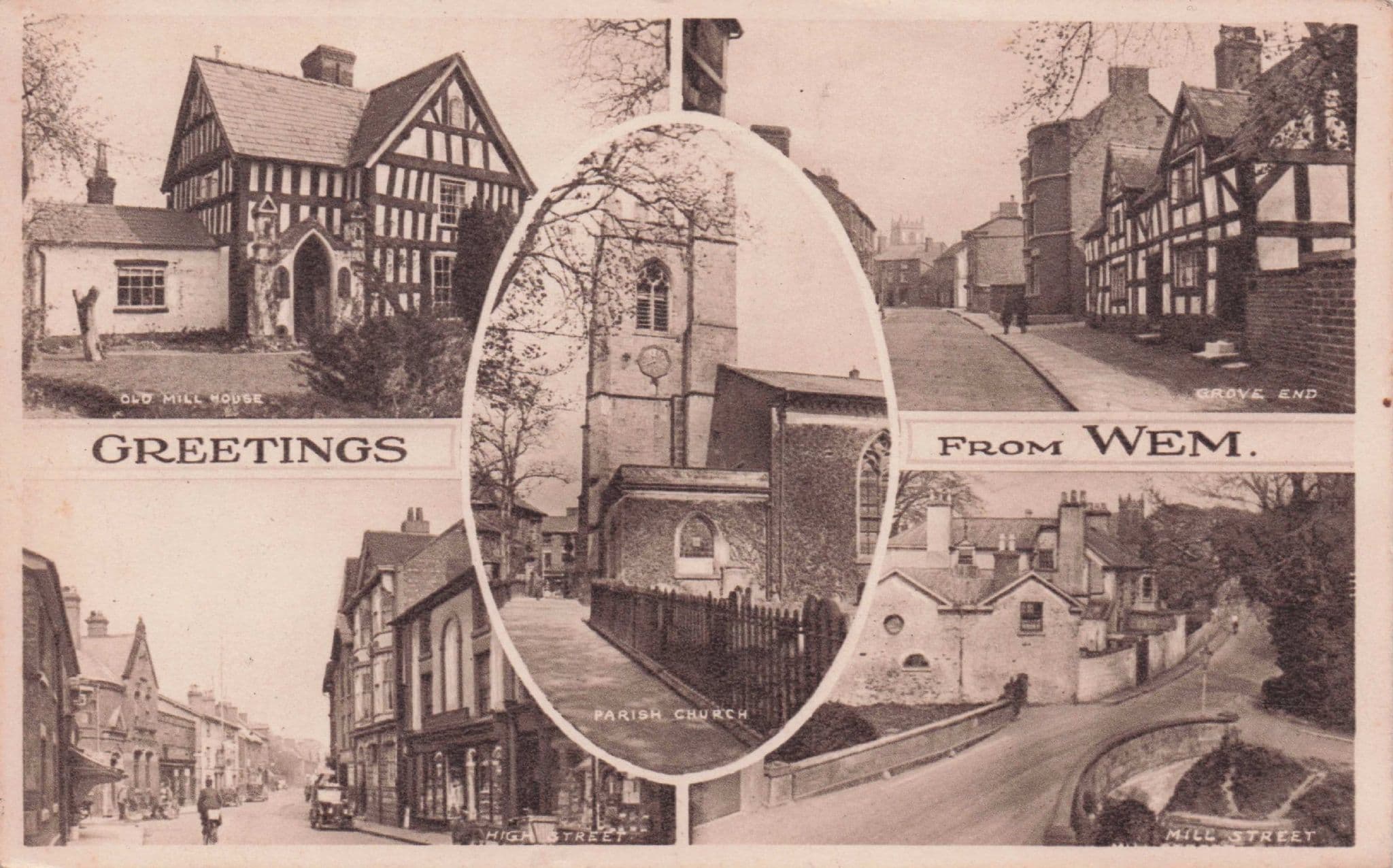 Old Bicycle Greetings From Wem Shropshire Grove Rd Mill Street Postcard