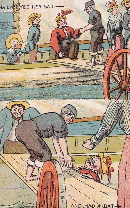 Old Fat Lady Falling Into Ship Sailing Pool Huge Splash Antique Comic Postcard
