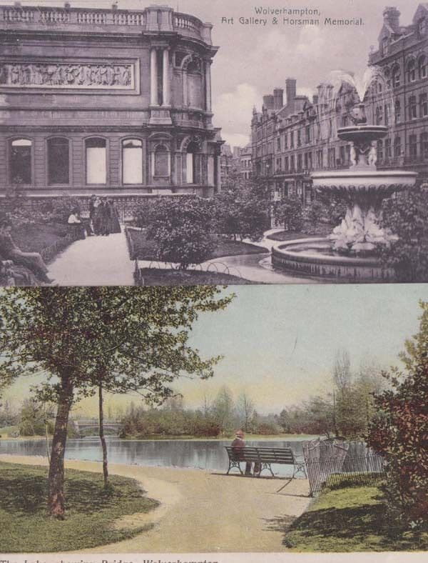 Old Lady at Wolverhampton Lake + Family at Art Gallery 2x Antique Postcard s