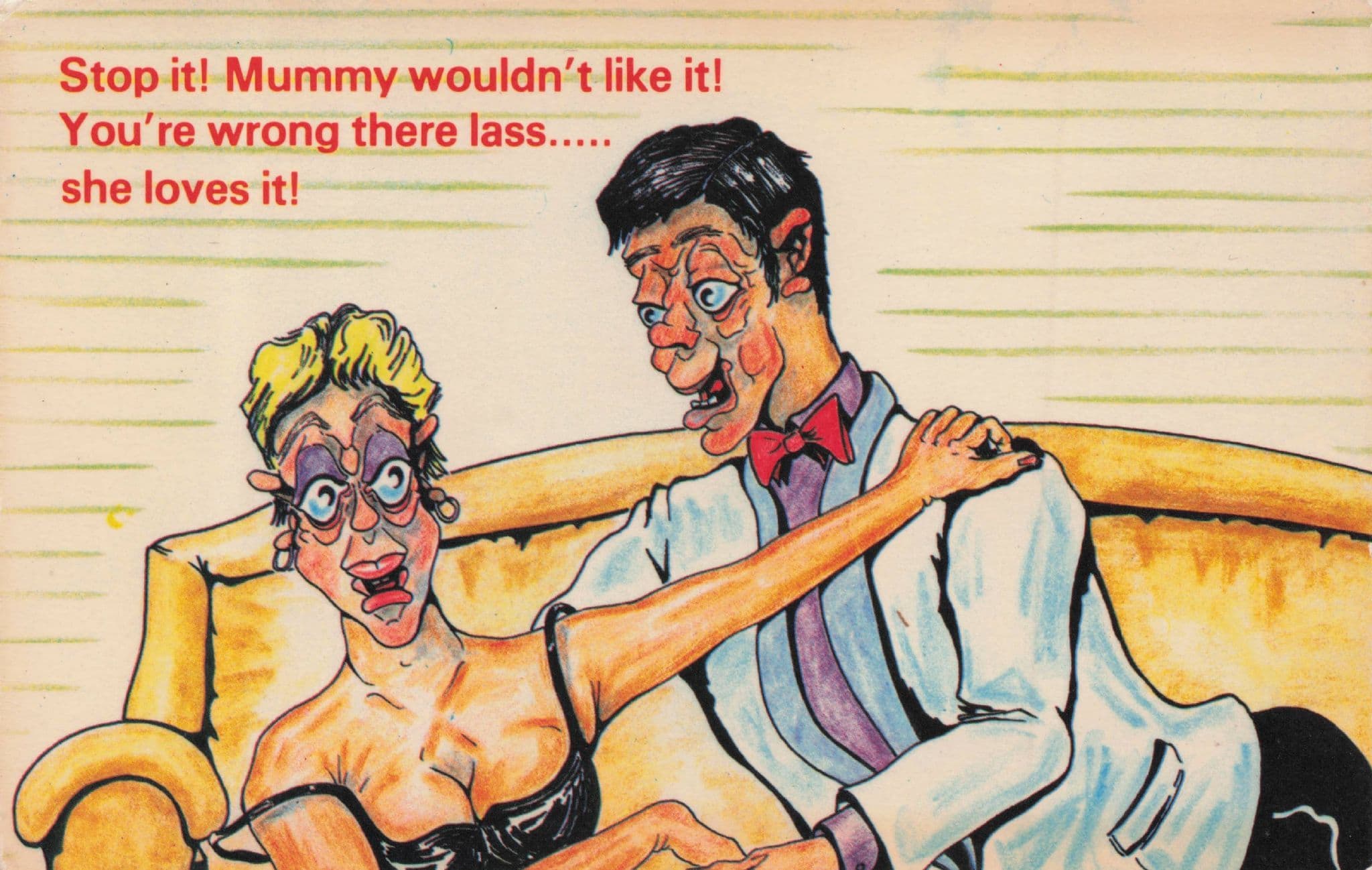 Old Lady Black Leather Bra Young Lover Sofa 1970s Comic Postcard