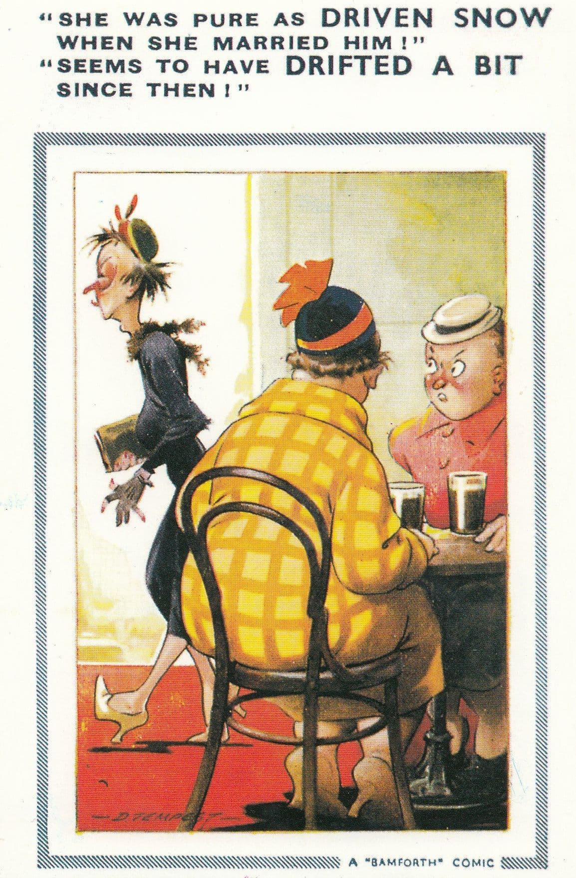 Old Lady Has Drifted In Snow Pub Talk Gossip Comic Humour Postcard