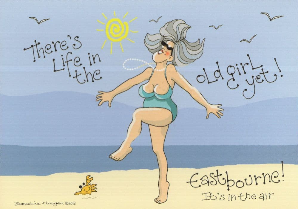Old Lady OAP Sexy Again Beach Crab Biting Toes Eastbourne Comic Postcard