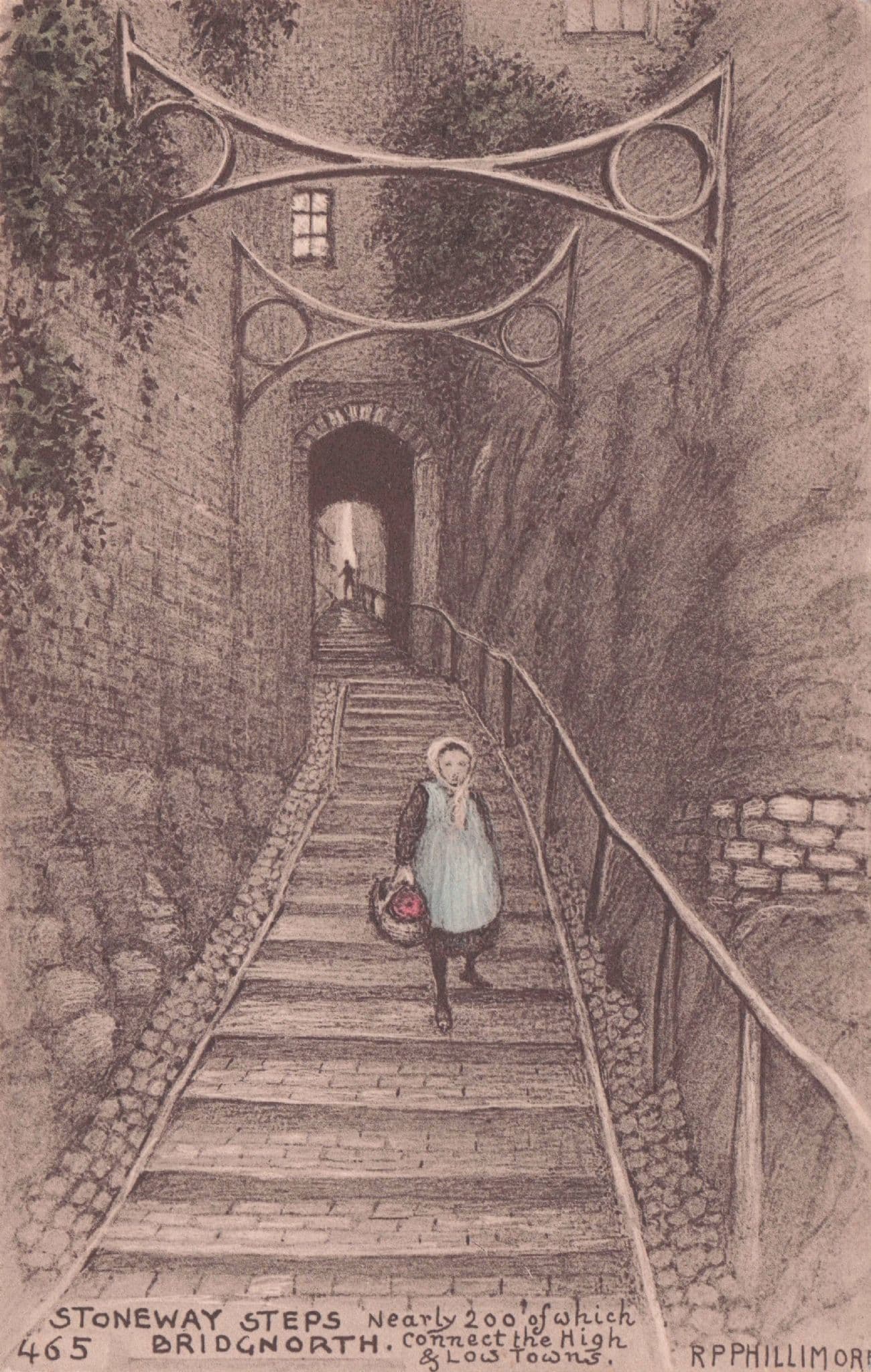 Old Lady on Bridgnorth Steps Shropshire Phillimore Old Postcard