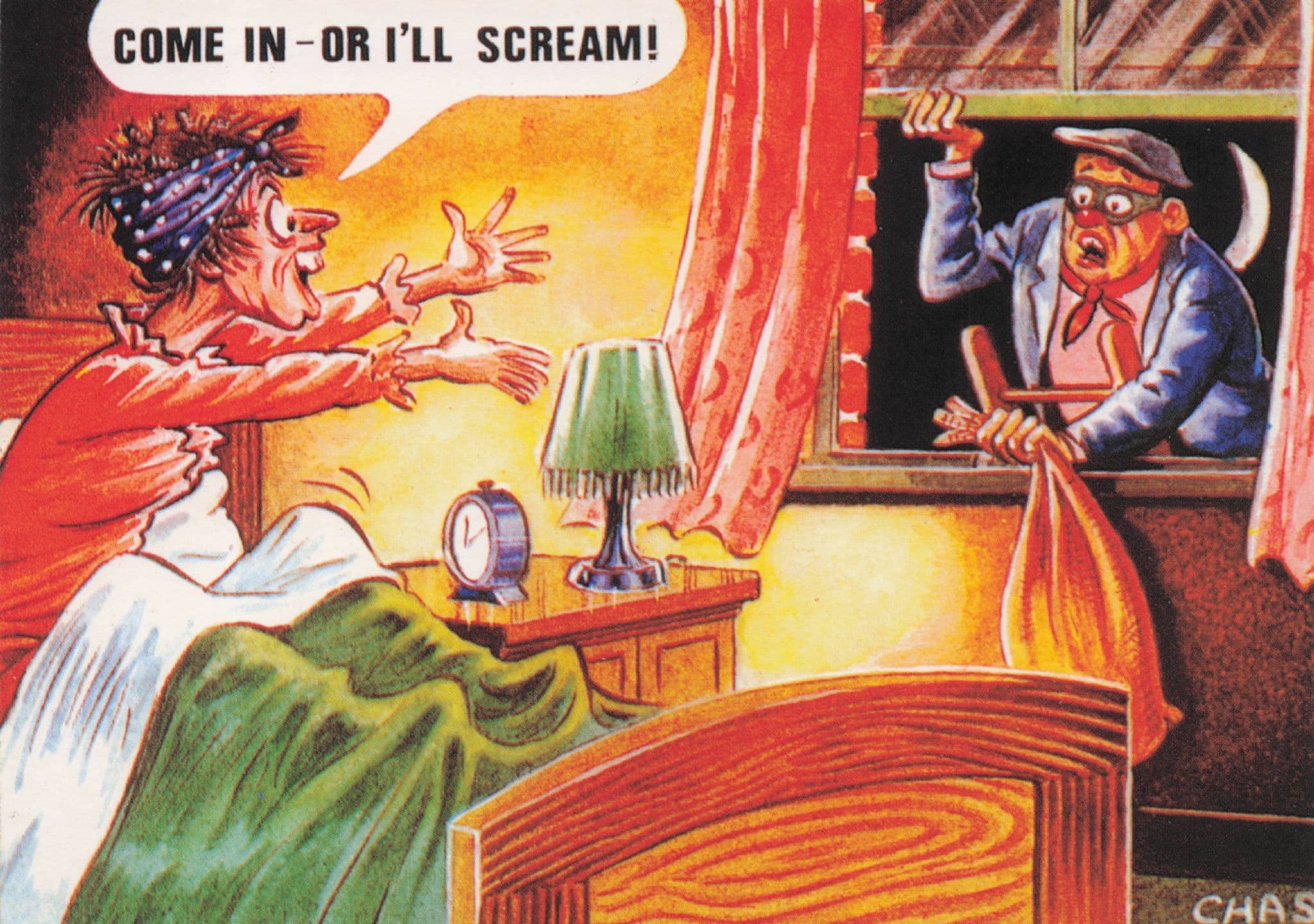 Old Lady Wanting The Robber Breaking & Entering Bamforth Comic Postcard
