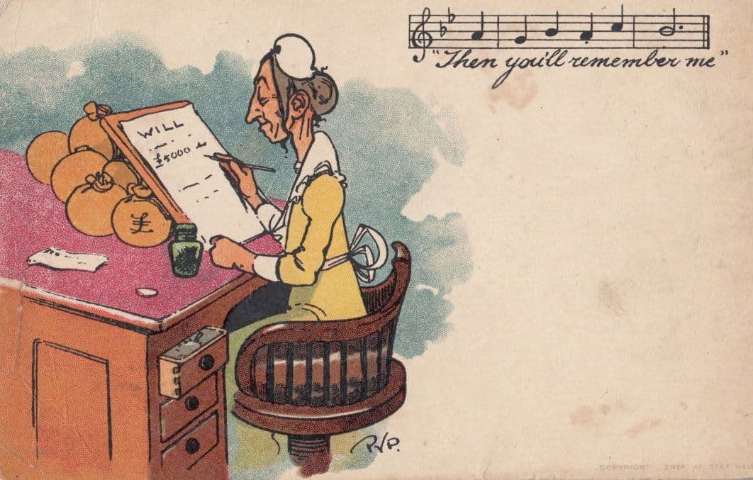 Old Lady Writing Will With Song Music Remember Me Antique Comic Humour Postcard