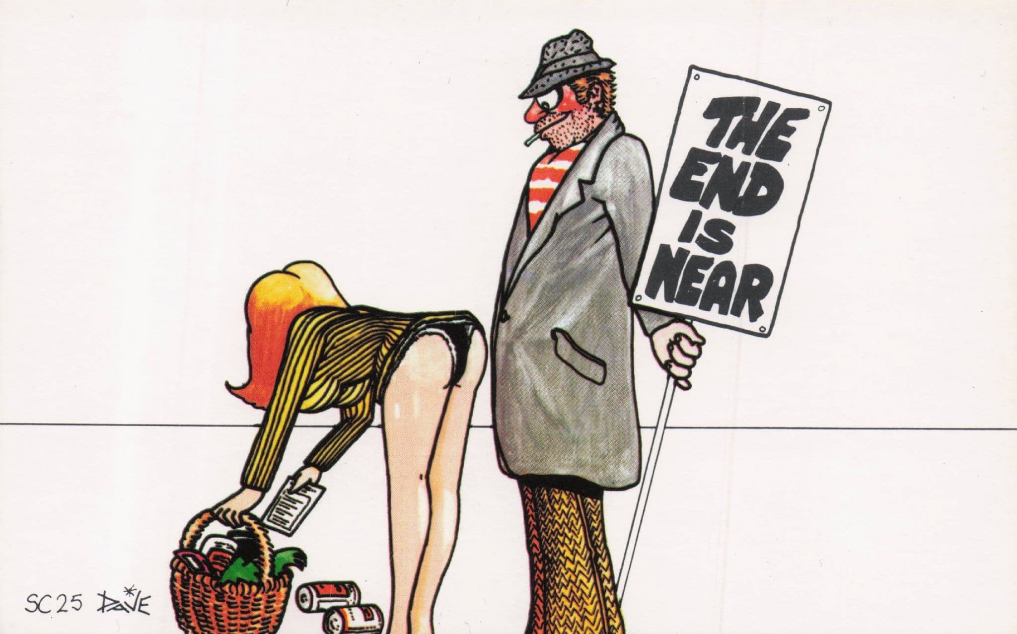 Old Man Tramp Doomsday Sign Sexy Lady Bum Vintage Comic Postcard