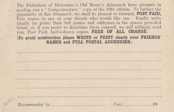 Old Moores Almanack Occult Astrology Antique Advertising Postcard
