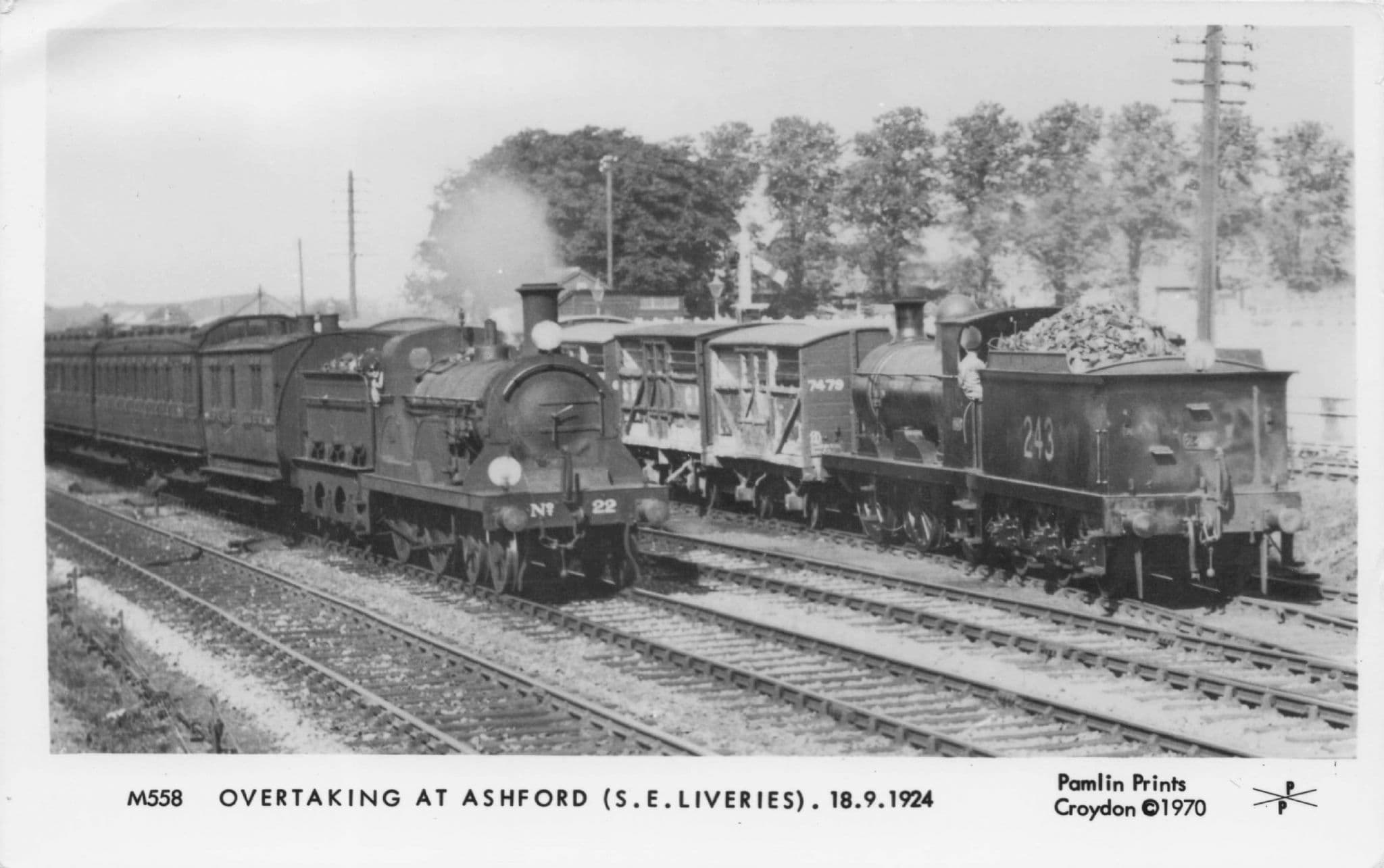 Old Train Overtaking at Ashford Station Liveries Pamlin Prints Railway RPC Postcard