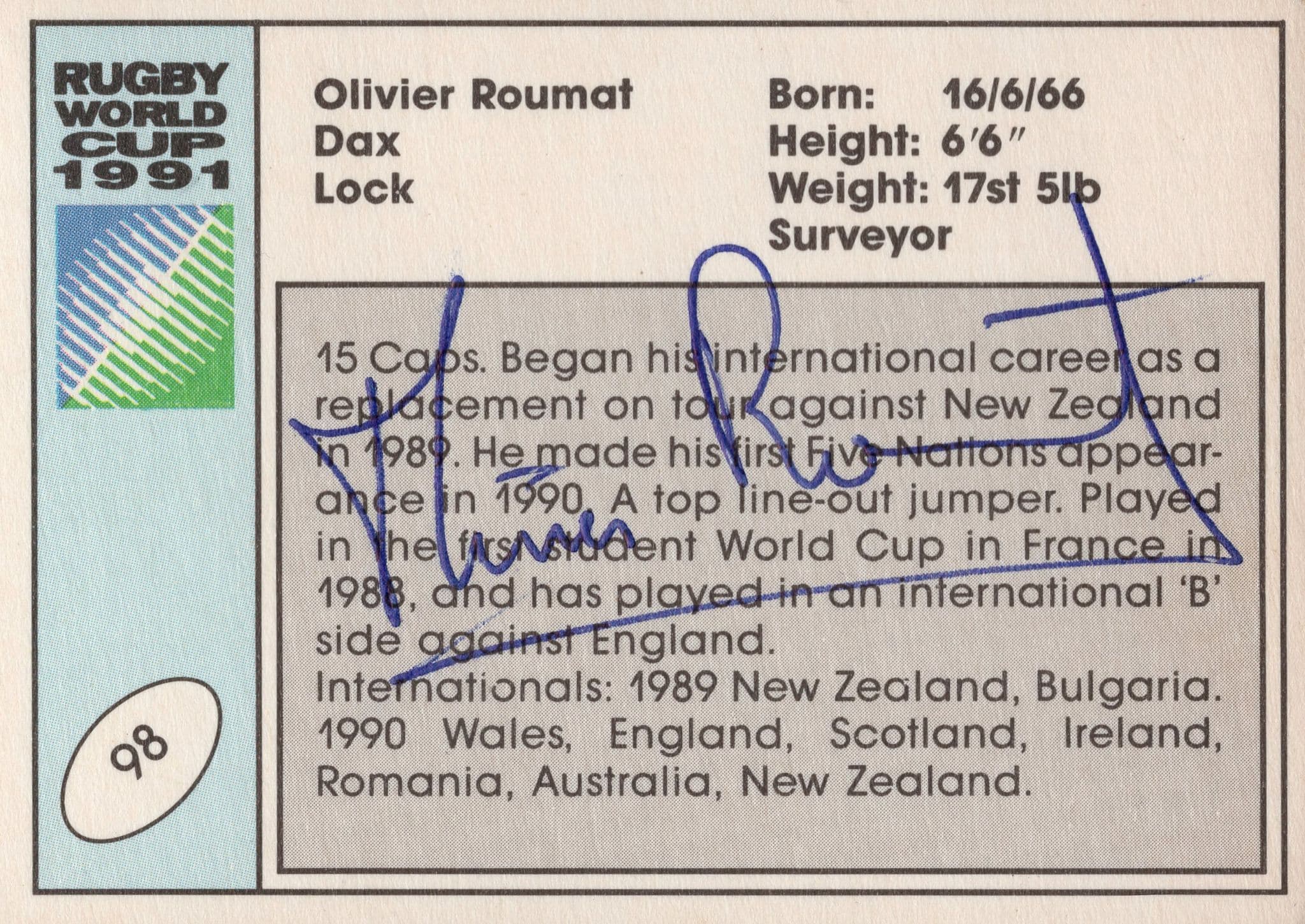 Olivier Roumat France Hand Signed Rugby 1991 World Cup Card Photo