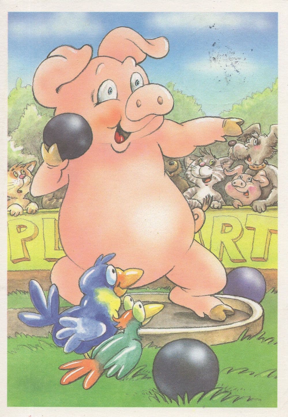 Olympic Games Pig Animal Discus Athletics Bowling Comic Postcard