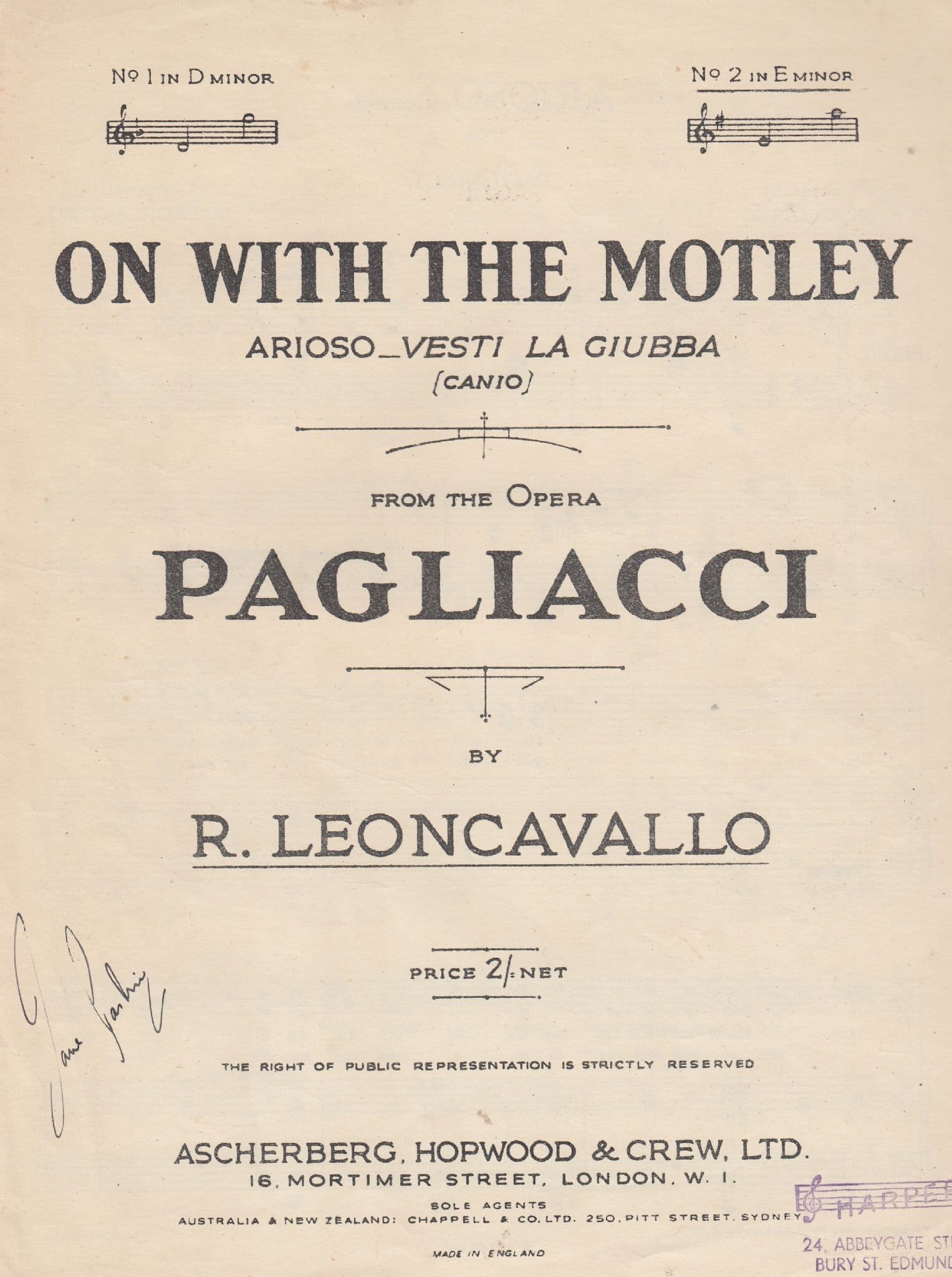On With The Motley Pagliacci 1950s Sheet Music