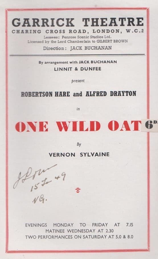 One Wild Oat Alfred Drayton Robertson Hare Drama London Garrick Old Theatre Programme