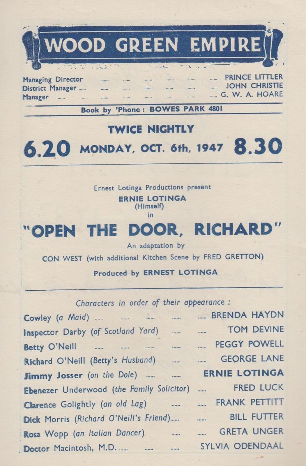 Open The Door Richard Comedy London Wood Green Empire Theatre Programme