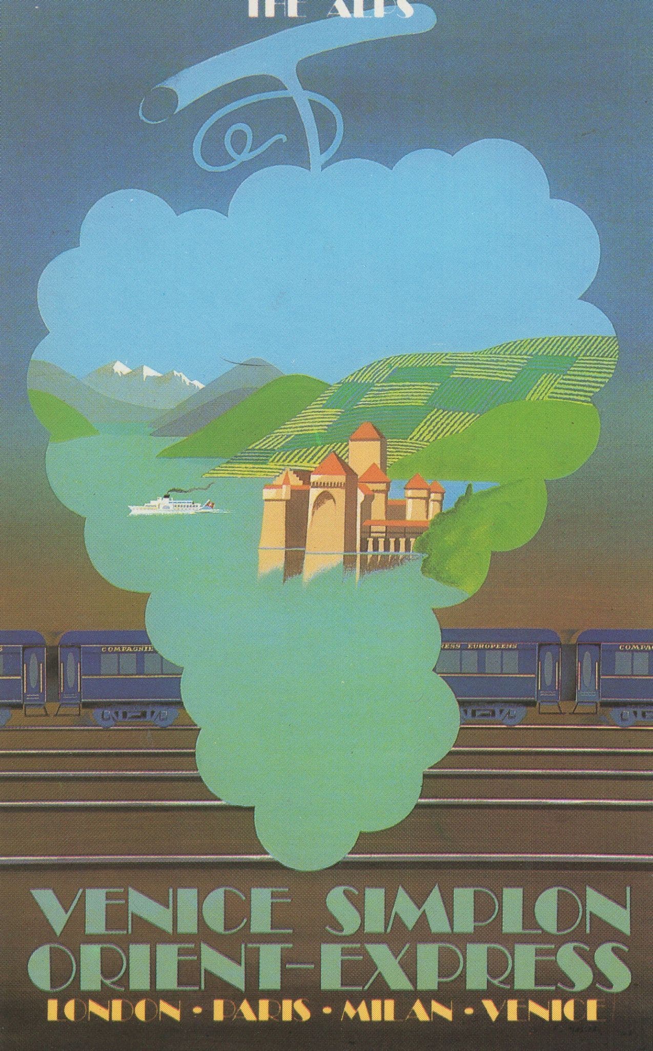 Orient Express Train in The Alps Art Deco Painting Poster Postcard