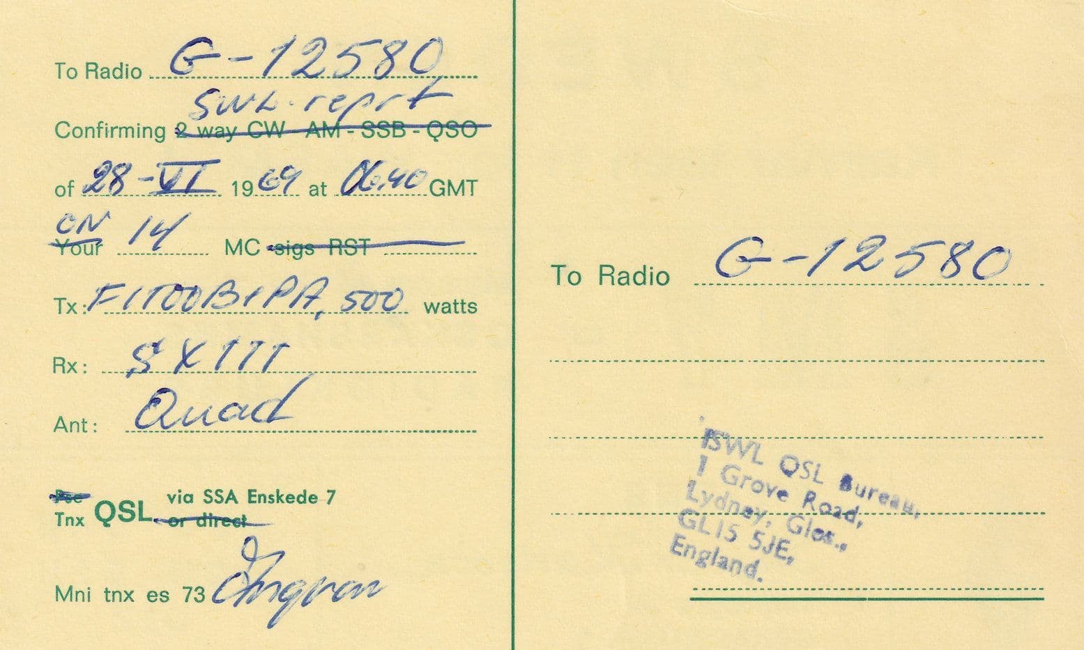 Oskarshamn Swedish Sweden Amateur Radio Station QSL 1960s Card