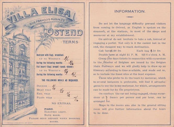 Ostend Villa Elisa Belgium Rare Hotel Fold Open Map Old Postcard
