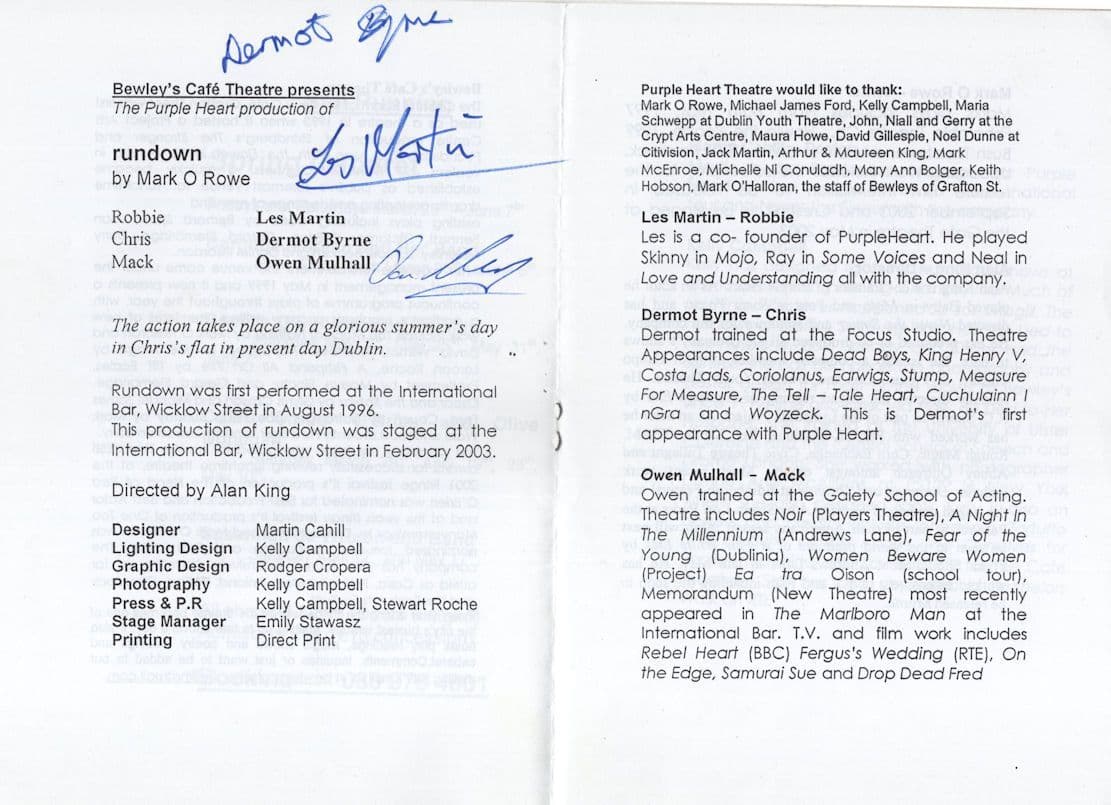 Owen Mulhall Rundown Irish MULTI Hand Signed Theatre Programme