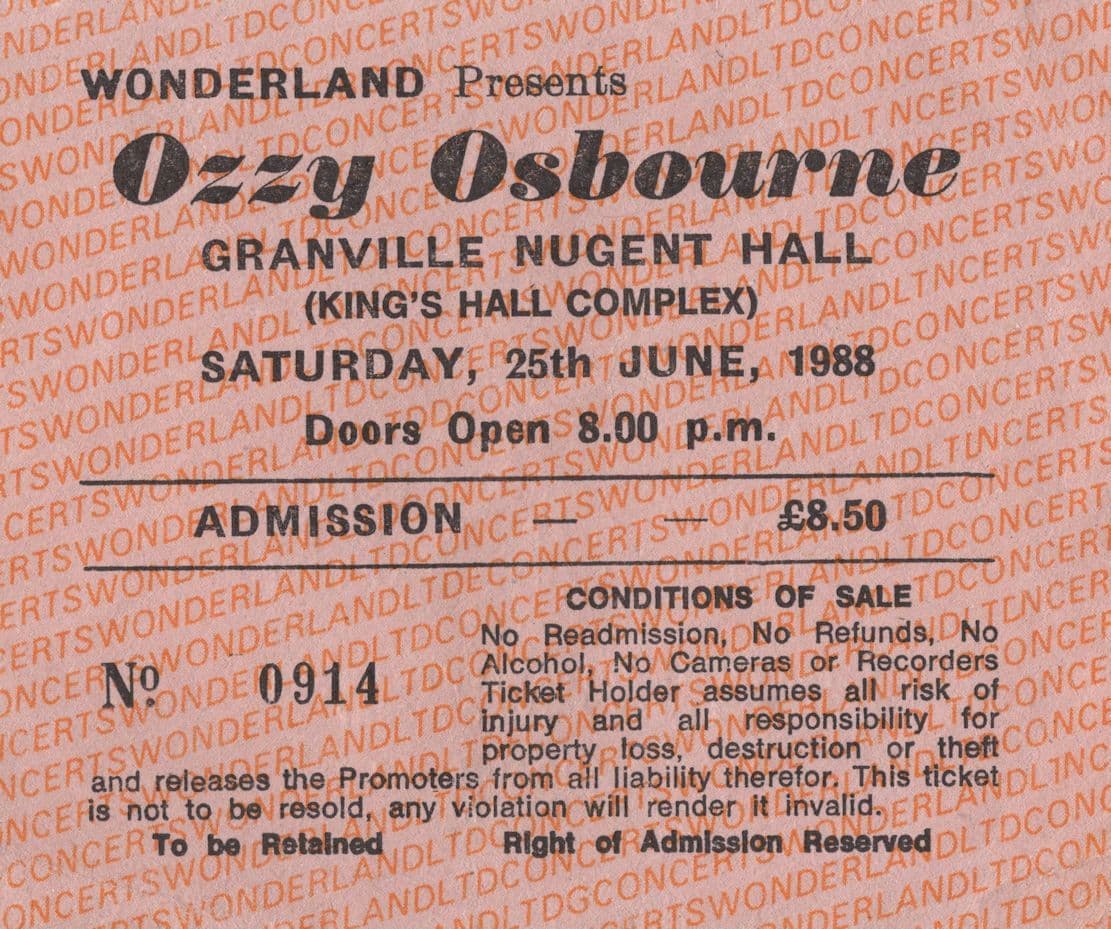 Ozzy Osbourne 1988 Irish Belfast Granville Nugent Hall Concert Ticket