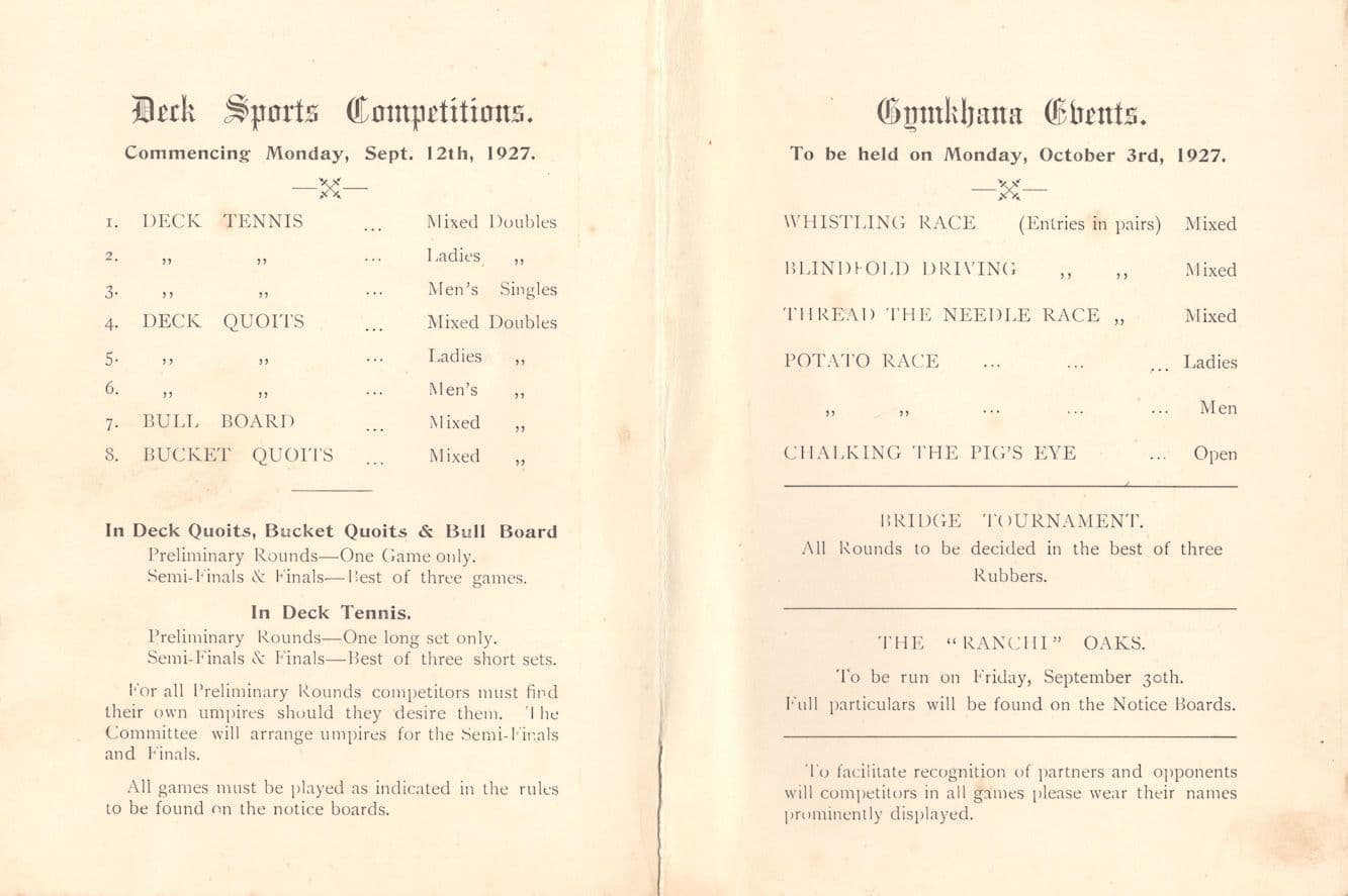 P&O Cruise Ship Yacht Ranchi Bridge Tennis Tournament 1927 Programme