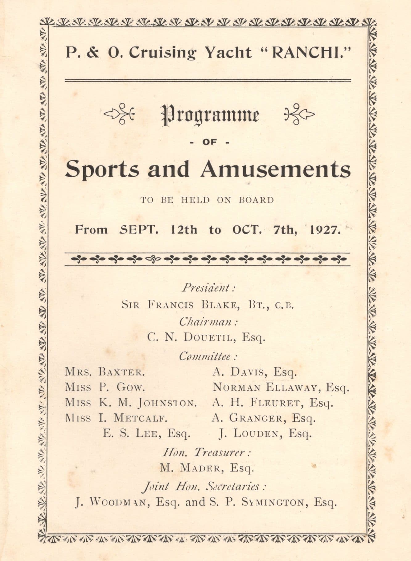 P&O Cruise Ship Yacht Ranchi Bridge Tennis Tournament 1927 Programme