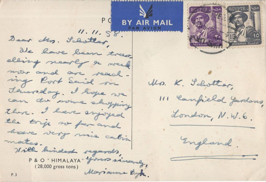 P&O Himalaya Ship From 1950s Passenger at Port Said Postcard